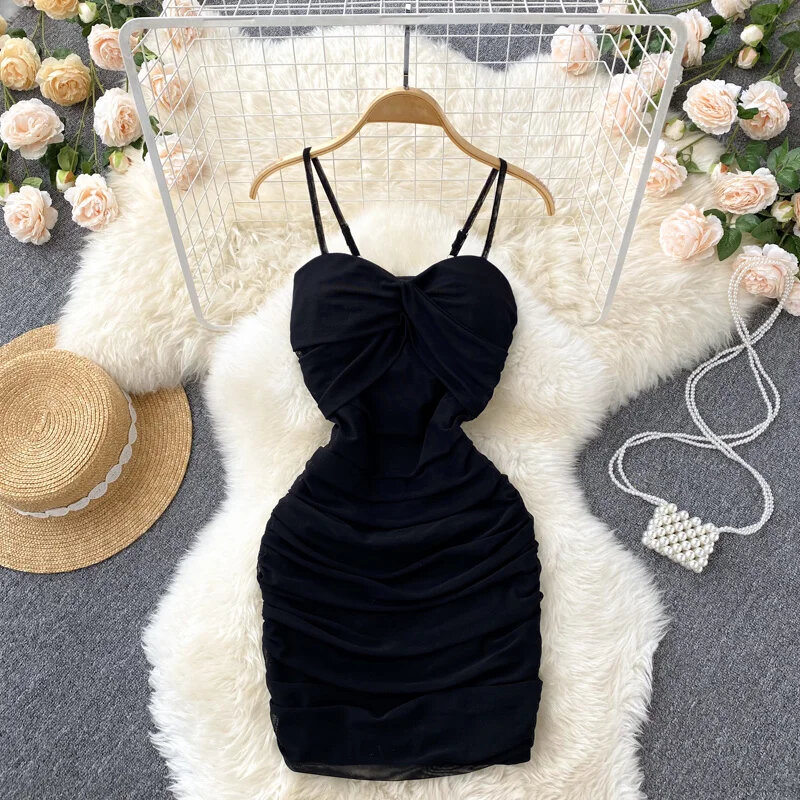 Fashion Mesh Ruched Mini Dress Sexy Spaghetti Strap Sleeveless Empire Night Out Party Dress Summer Women Backless Dress