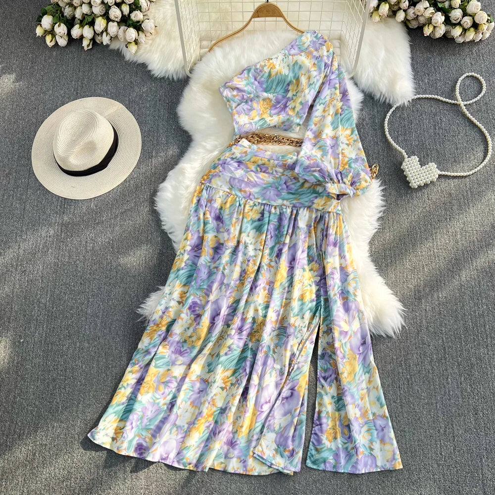 Women Summer Retro Floral Print Pleated Elegant Chiffon Dress A-line Diagonal Collar Casual High Waist Dress Vestidos