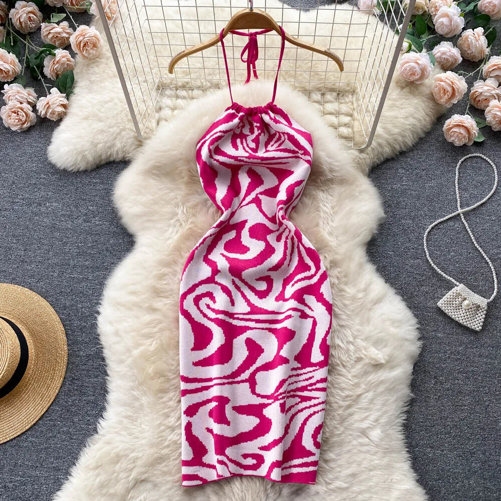 Halter Backless Knit Bodycon Dress Retro Print Off Shoulder Boho Beach Elegant Sundress Women Summer French Fashion Vestido Y2k