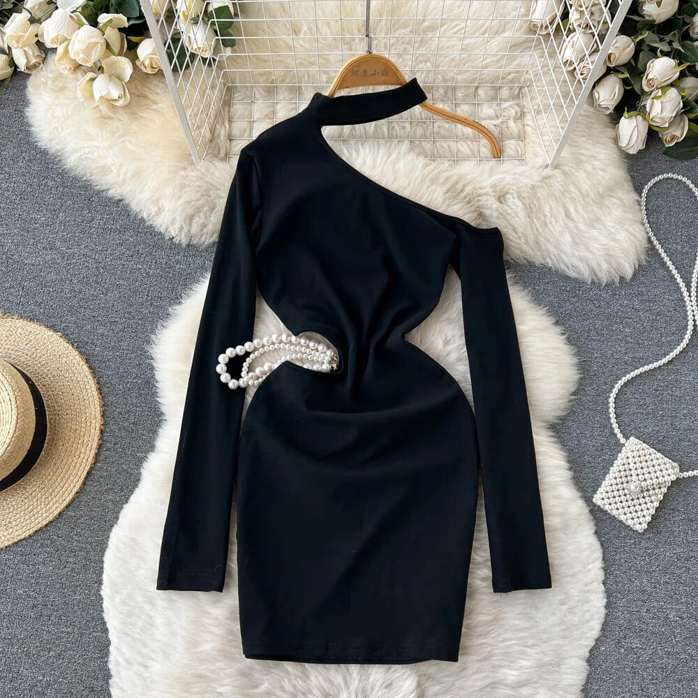 Sexy Hault Hollow Out Dresses Casual Long Sleeve Irregular O-neck Solid Colours Femme Vestido Chic Skinny Elastic Waist Dress