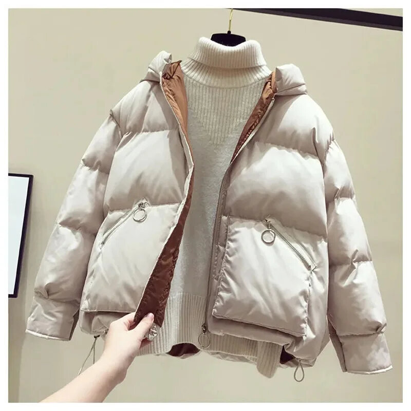 Jackets For Women Winter Korean Parkas Casual Warm Hooded Jacket Zip Pocket With Waist Closure Oversized Coat