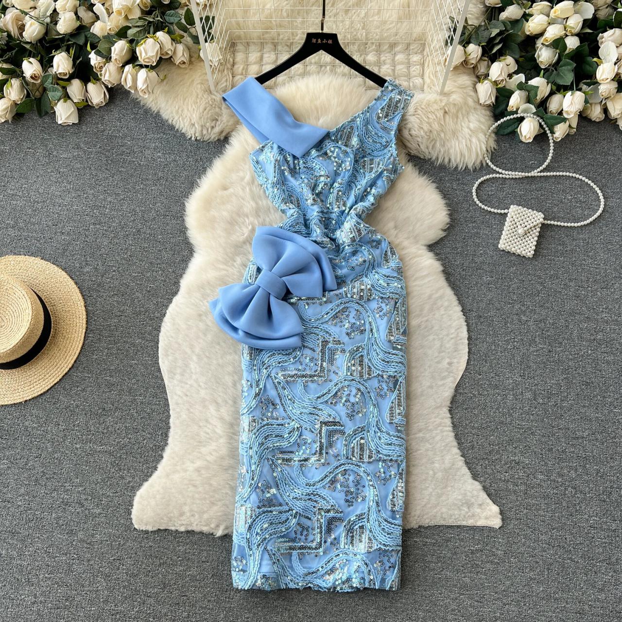 Elegant Sexy Embroidery Sequin Backless High Waist Bow V Neck Dress Vacation Vestidos Slim Women Party Hip Wrap Dress