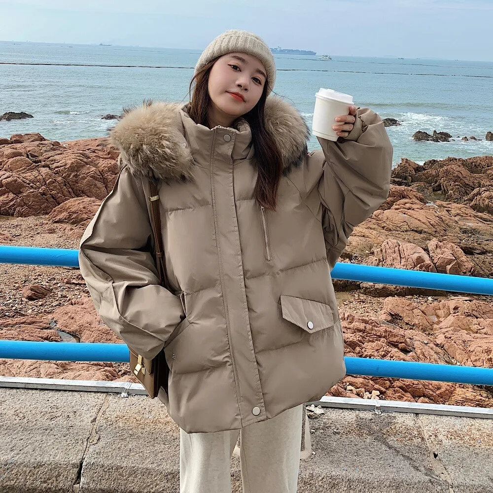 Winter Jacket Women's Faux Fur Collar Coat Hooded Loose Korean Casual Warm Fashion Down Cotton Outerwear Parka