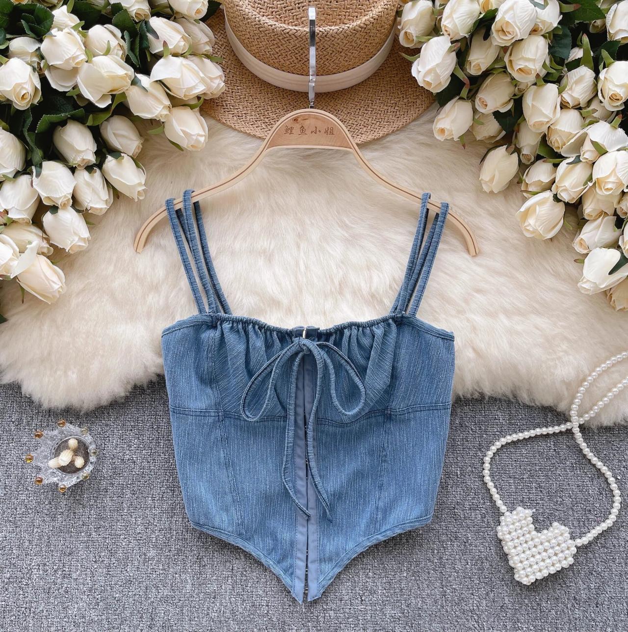 Women Sexy Imitation Denim Tank Top American Retro Irregularity Design Bow Camis Vintage Single Breasted Solid Backless Crop Top