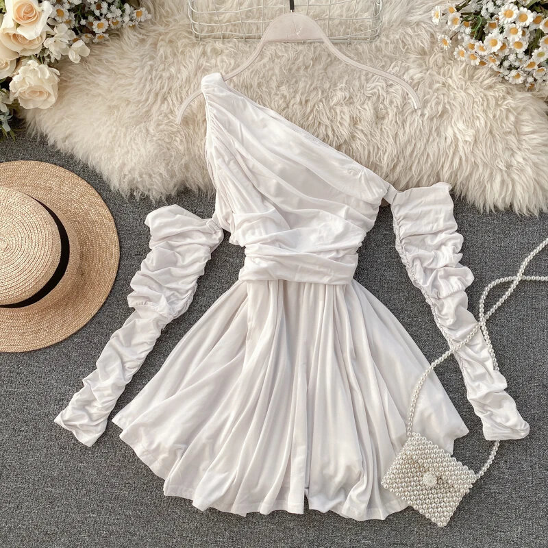 Fashion Women Party A-line Dress Women Sexy Pleated Long Sleeve Slim Korean Vintage Clothes