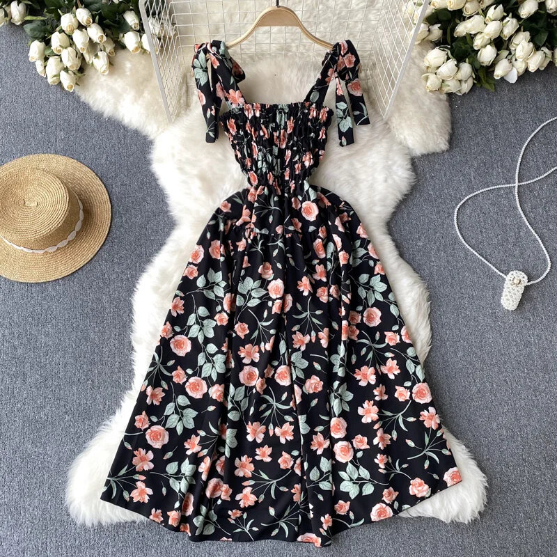 Romantic Floral Print Bandage Straps Dress Summer Vacation Fashion White Black Beach Long Sundress Korean Party Vestido