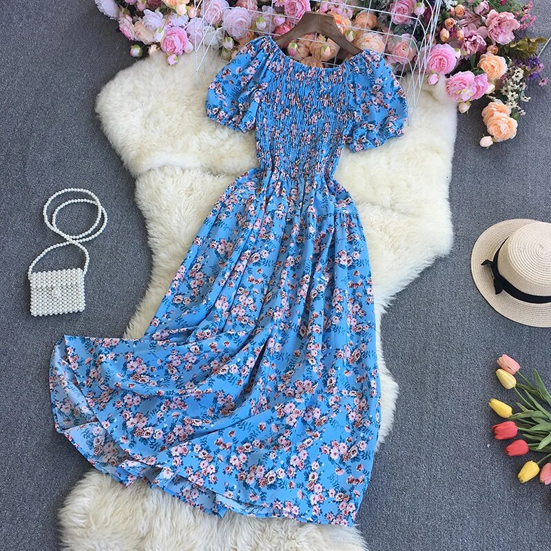 Women Dress Fashion Summer Sweet Floral Print Long Dress Chic Ruched Elastic Chest Sundress Korean Party Beach Vestidos - Dresses