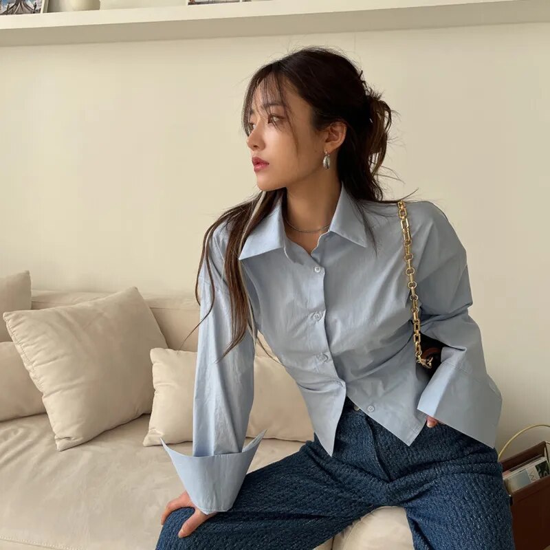 Korean Long Sleeve Shirt Women Sexy Strap Backless Chic Blouse Office Lady Slim Lace Up Turn Down Collar Casual Top - Women Shirt