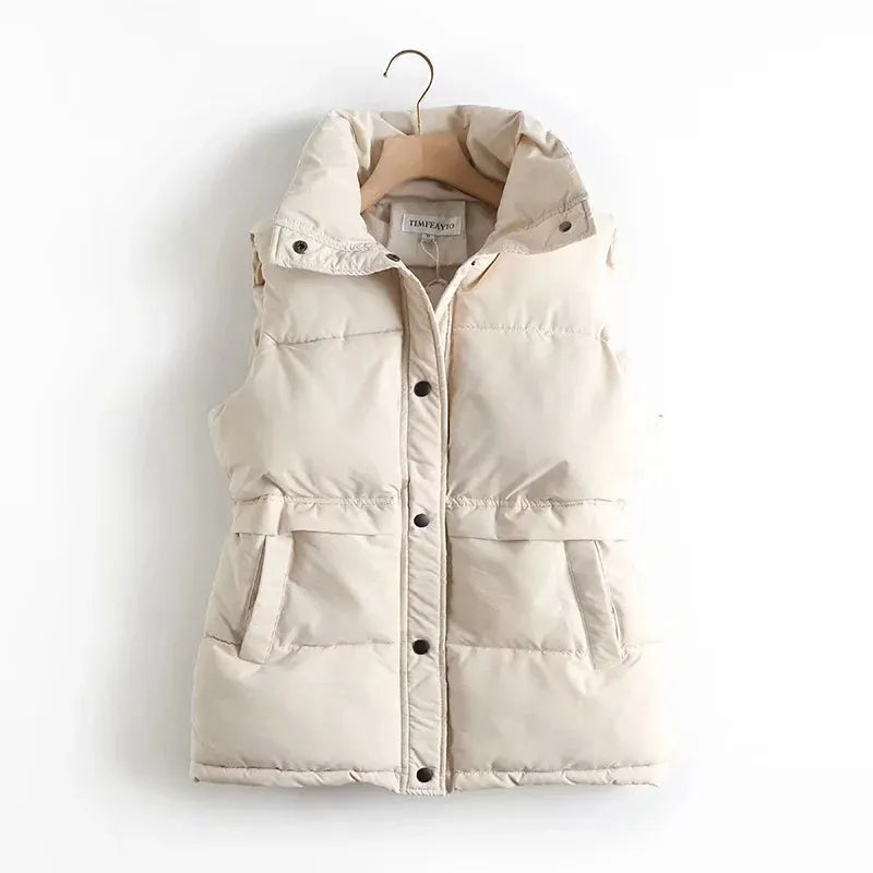 Beige High-collar Quilted Winter Vest