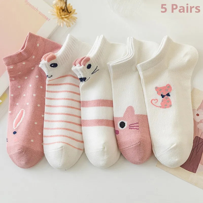 5 Pairs Women's Short Tube Socks Pink Cat Thin Four Seasons Cute Boat Socks