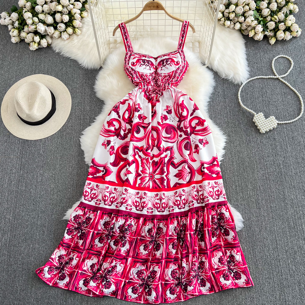 Top Strap Long Skirt Beach Holiday Beach Skirt Waist Slimming A-line Celadon Print Dress