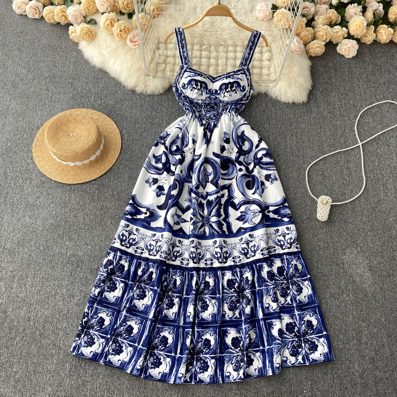 National Wind Waist Slimming Temperament Halter Dress Child Summer Women's Senior Sense Of Print Beautiful A-line Skirt