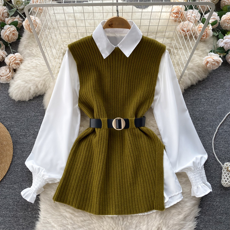 Women's Loose Long-sleeved White Shirt Top + Split Knit Vest Vest Two-piece Set With Belt