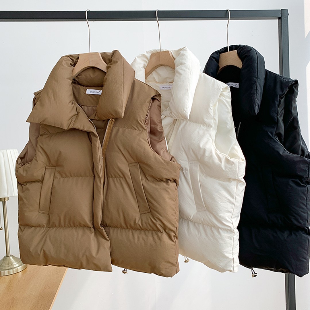 Down Padded Vest Female 2023 Autumn And Winter Korean Version Of Loose Cotton Vest Stand Collar Solid Color Padded Vest Coat