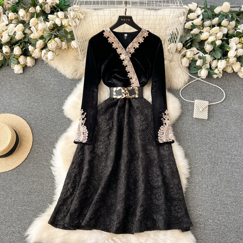 Black Canary Dress For Women Autumn-winter With Vintage Lace Lace Patchwork Jacquard Dress