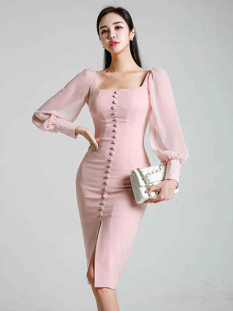 Elegant Pink Square Neckline Midi Dress
