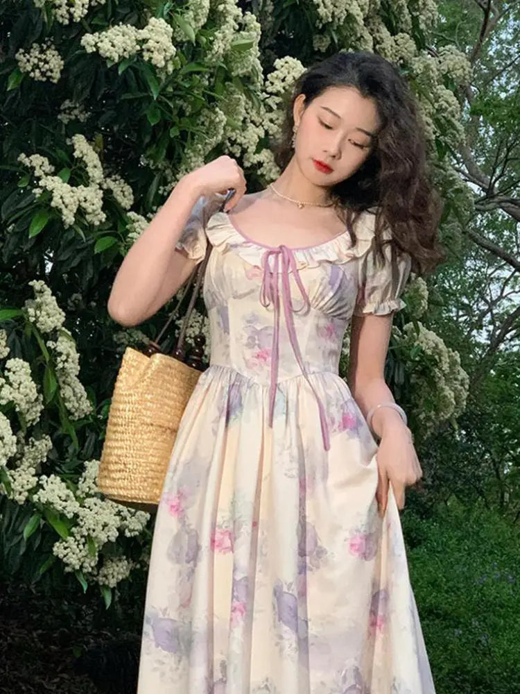 Romantic Pastel Floral Print Puff Sleeve Maxi Dress