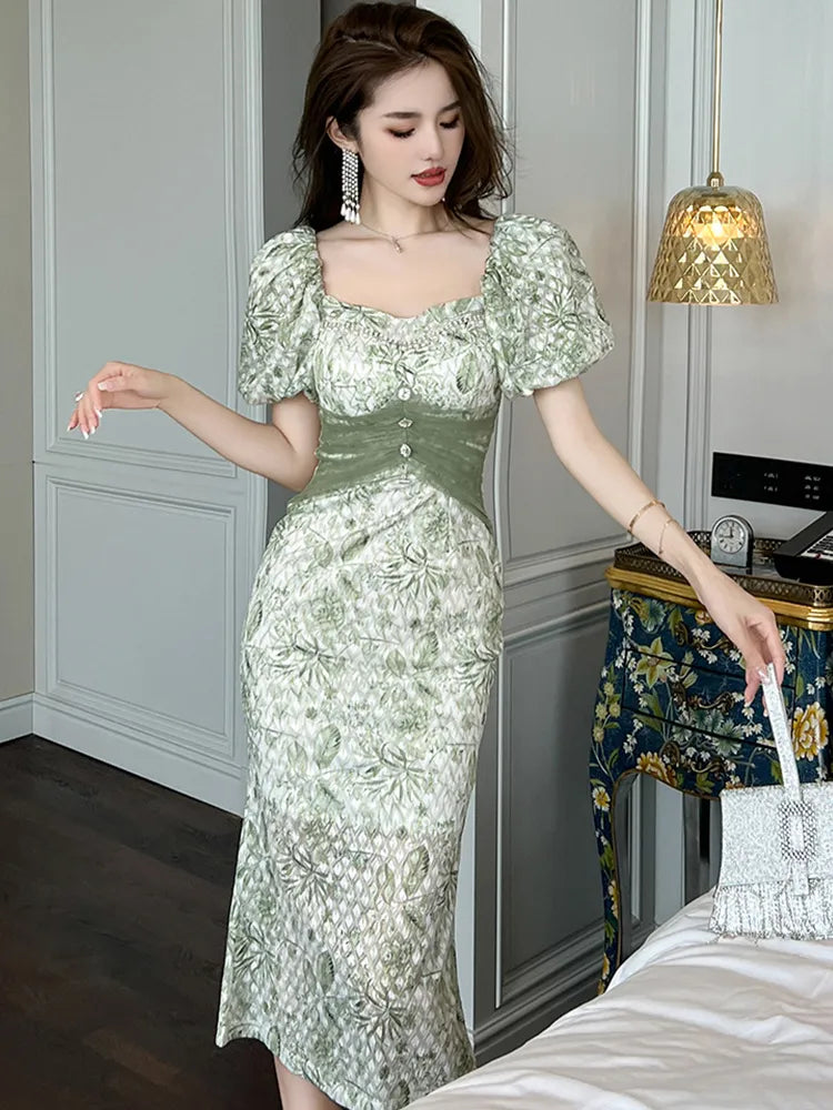 French Sweet Green Midi Dresses For Women Bubble Sleeve Tull Gauze