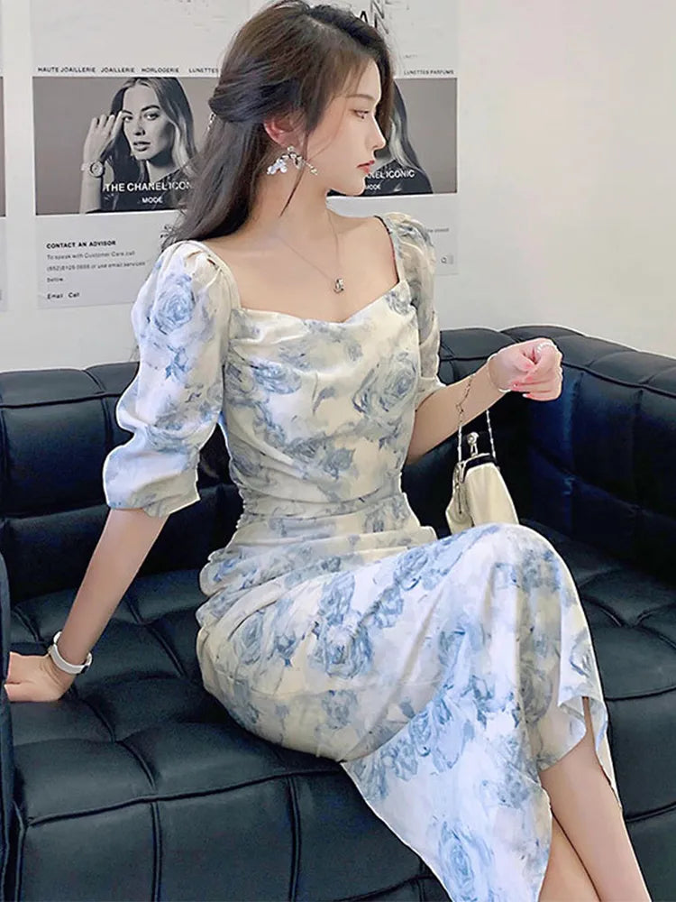 Elegant Puff-sleeve Floral Midi Dress