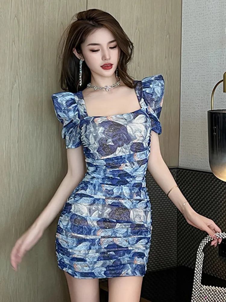 Elegant Blue Floral Print Ruched Mini Dress With Sleeves