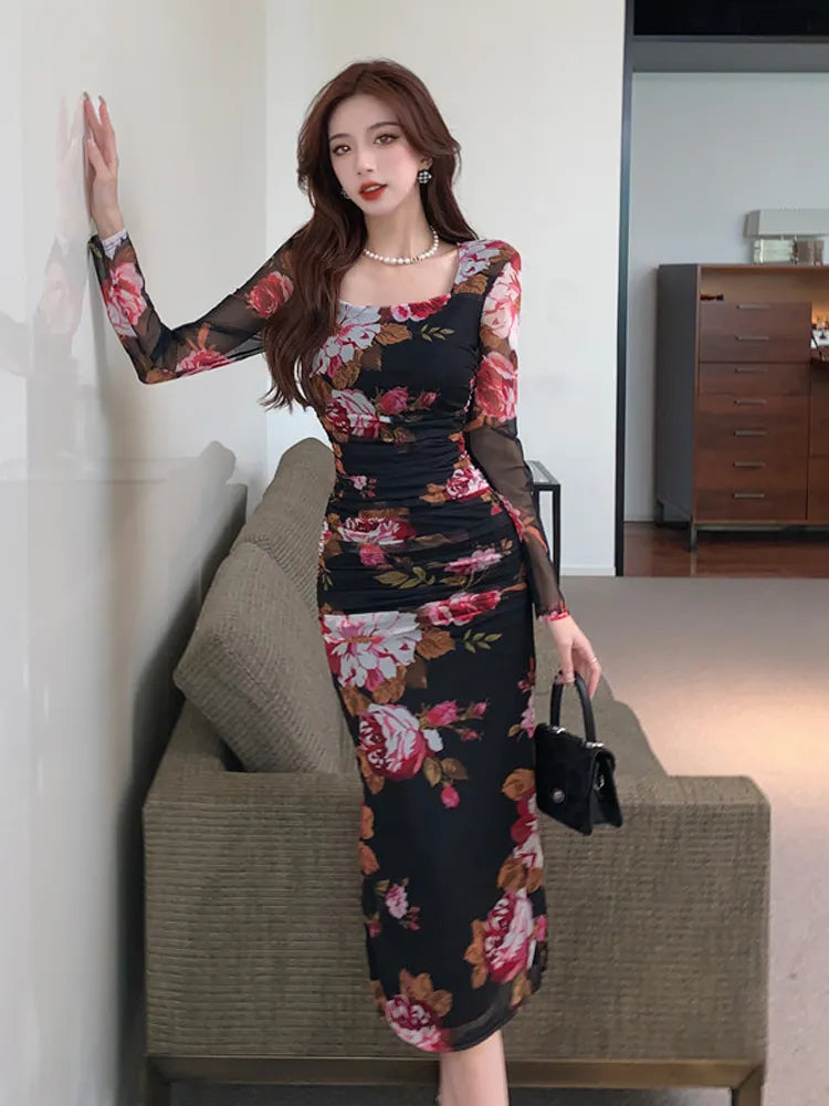 Floral Print Sheer Sleeve Bodycon Dress