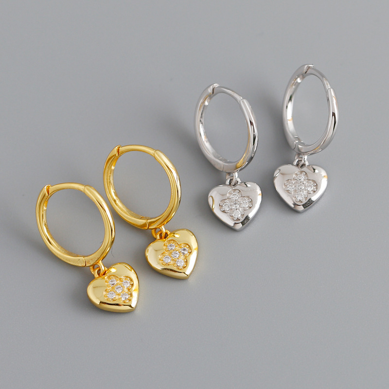 Gold S925 Sterling Silver Buckle Earrings With Diamond Heart In Grass