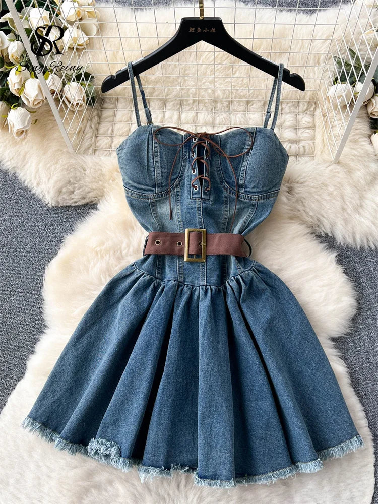 Denim Corset Dress With Flared Skirt And Belt