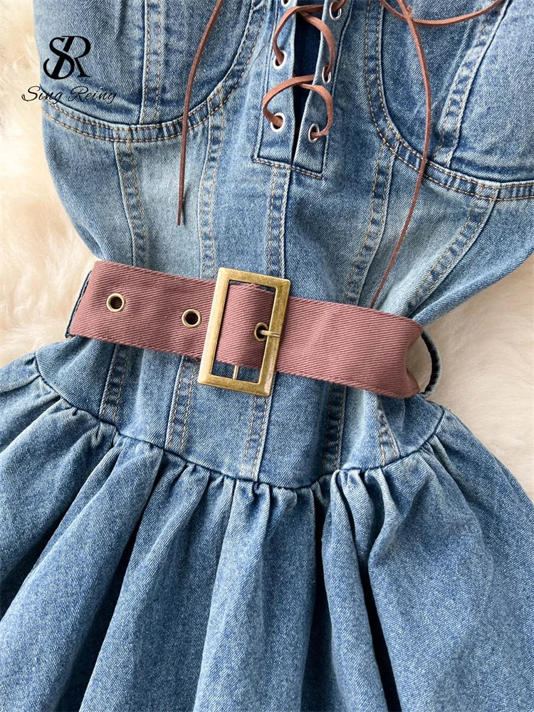 Denim Corset Dress With Flared Skirt And Belt on Luulla