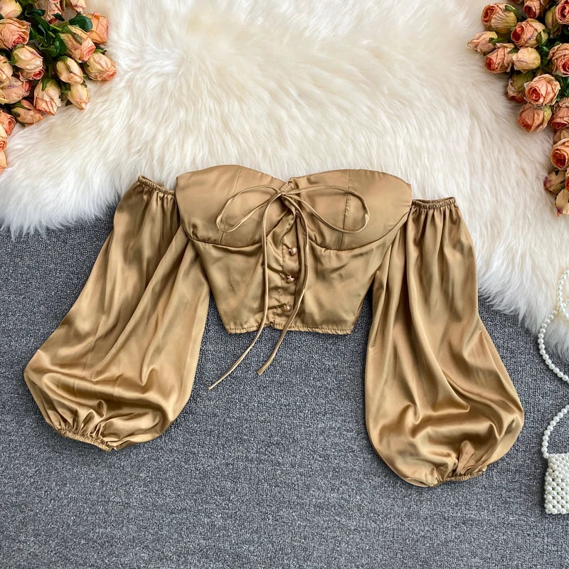 Gold Satin Corset Top And Puff Sleeve Blouse