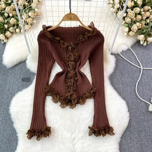 Ribbed Knit Mesh Ruffled Hem Bell Sleeve Top