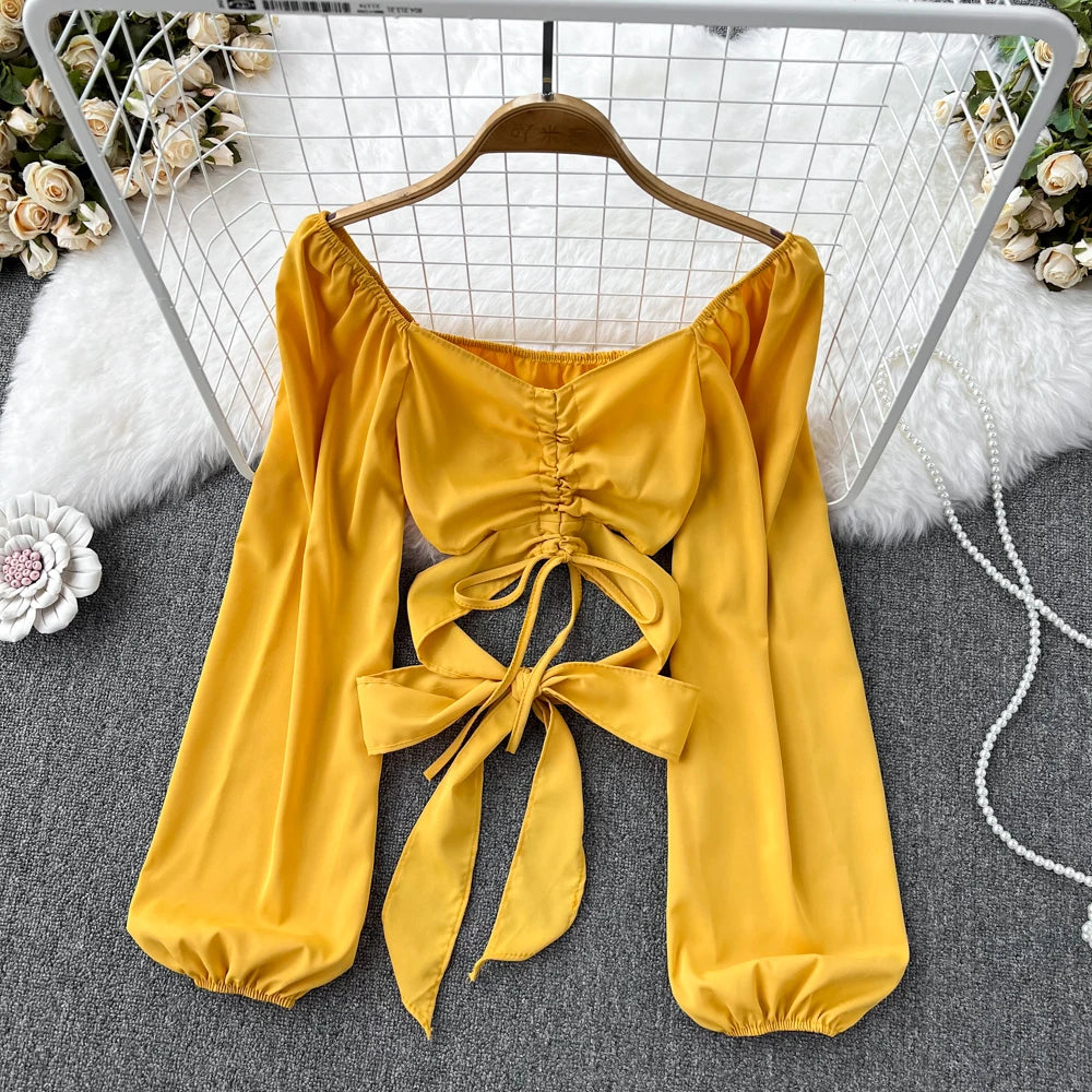 Elegant Golden Satin Blouse With Bow Tie Front