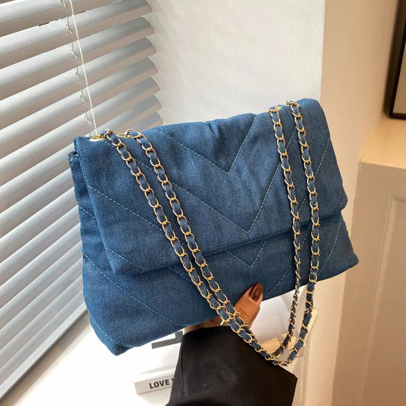 Chic Denim Quilted Chain Strap Shoulder Bag