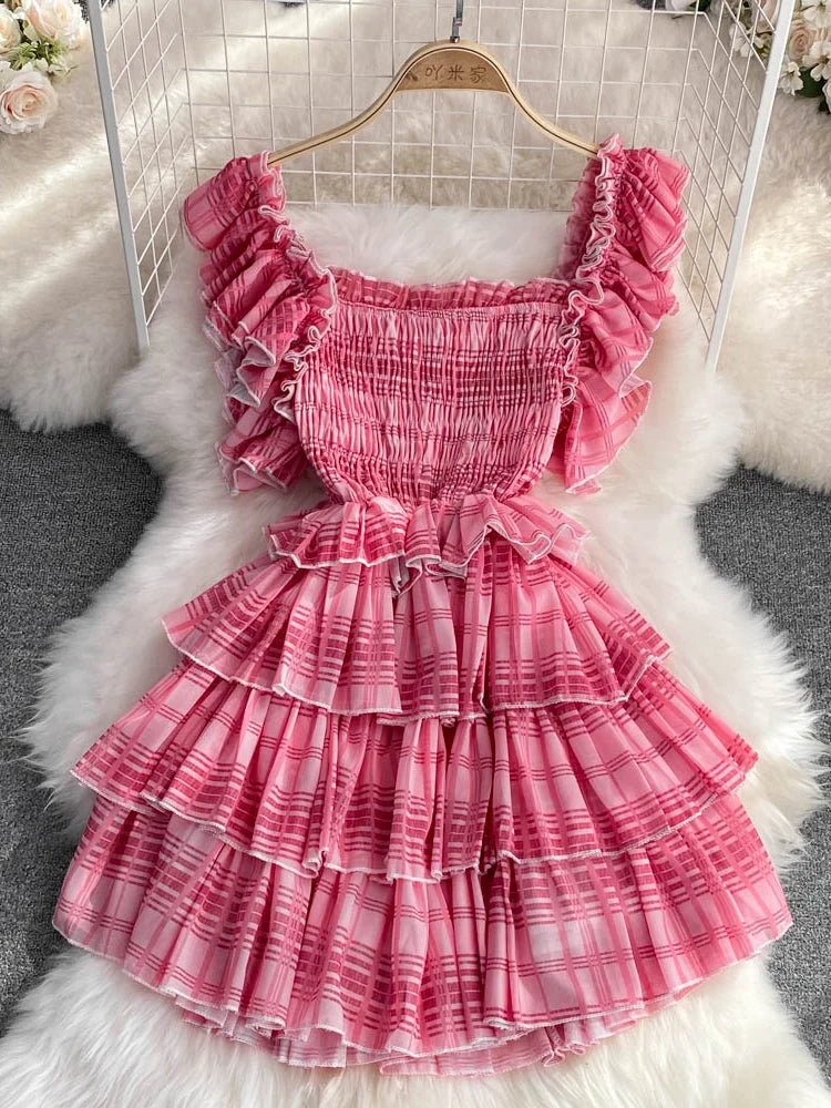 Womens Pink Plaid Puff Sleeve Dress With Bow Accent