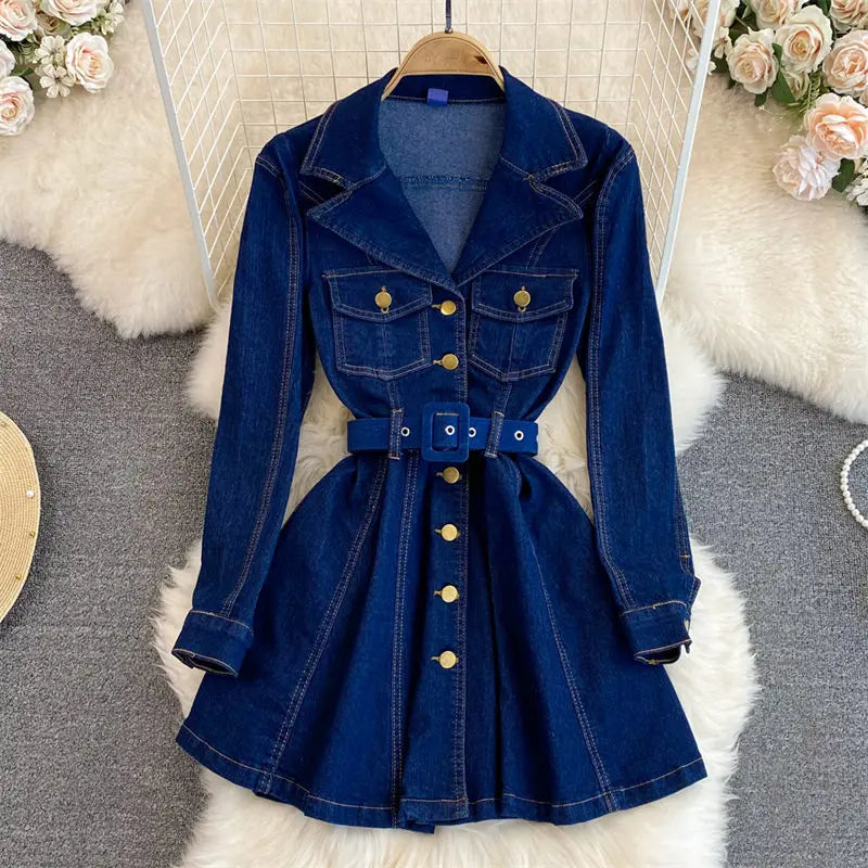 Womens Belted Button-up Denim Dress With Pockets