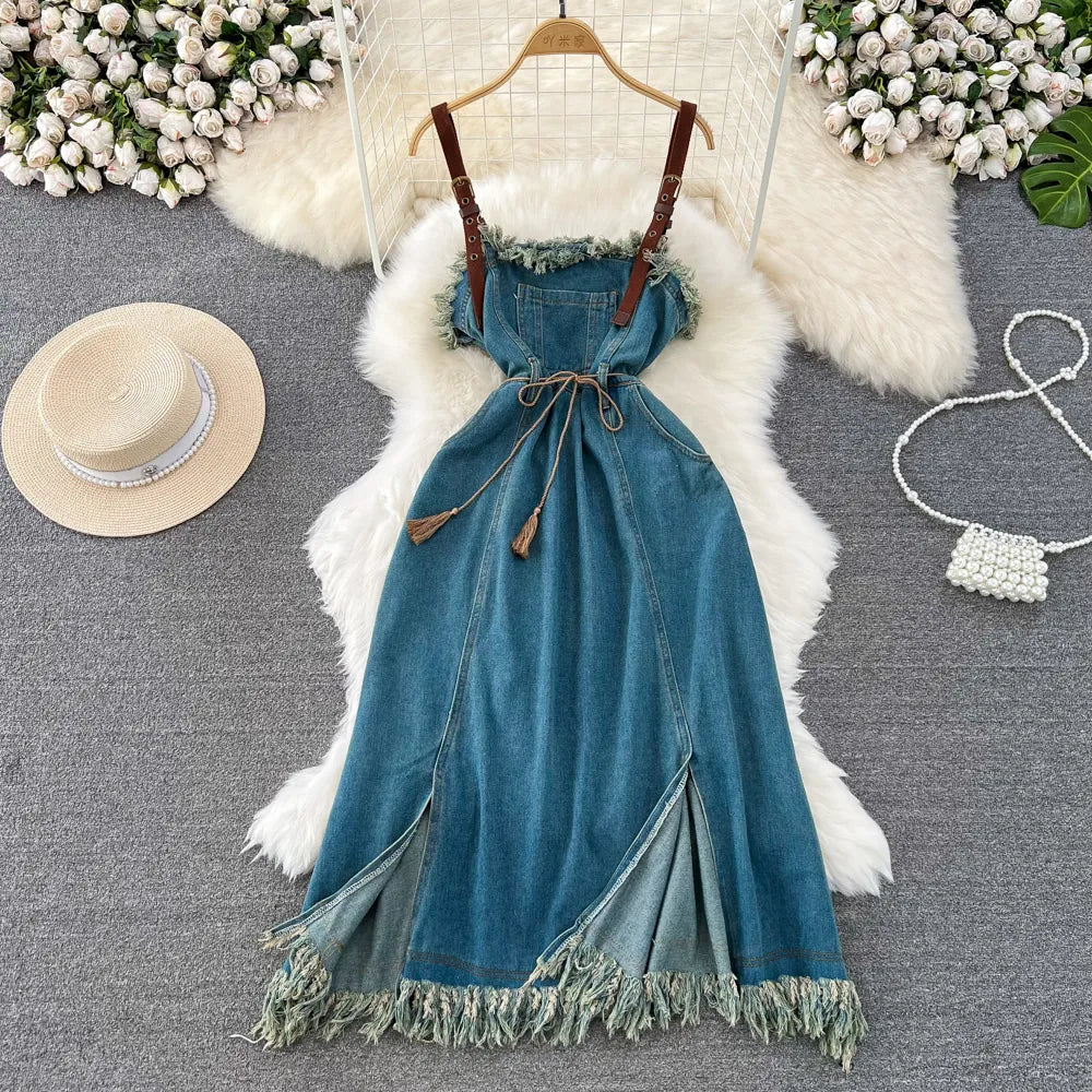 Boho Denim Halter Dress With Fringe Detail Womens