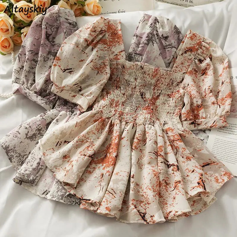 pleated dresses prints elegant HIGH QUALITY Summer Retro Print Round Neck Flare Sleeve Elegant Pleate –  ETERNA main image 1