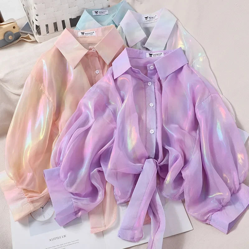 Holographic Sheer Organza Button-up Blouse Collection