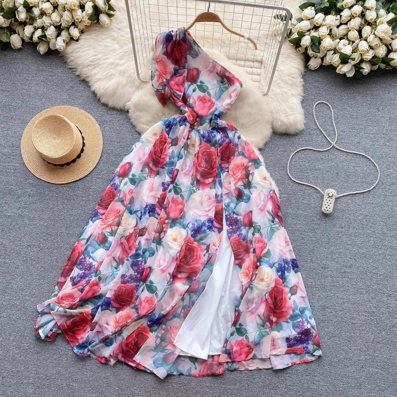 Womens Floral Halter Neck Summer Maxi Dress Sleeveless