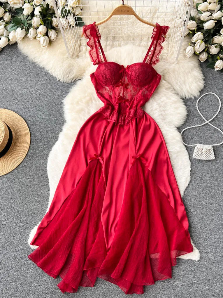 Elegant Red Lace Satin Slip Dress With Ruffle Detail