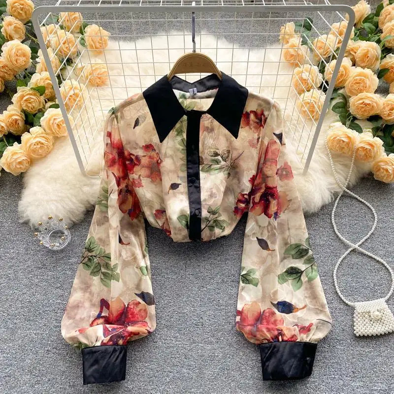 Womens Floral Print Sheer Blouse With Contrast Collar
