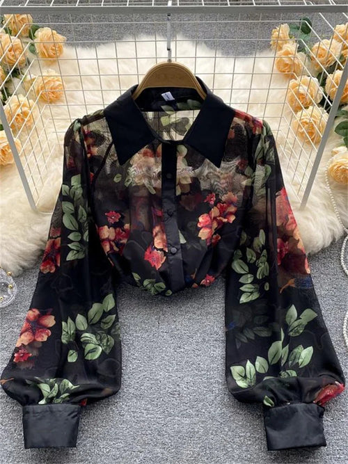 Print Sheer Blouse Earth Tone Multi Colour