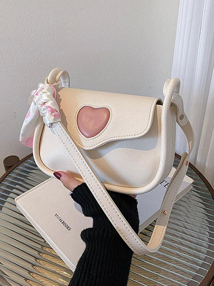 Chic White Heart Cutout Shoulder Bag With Scarf Accent