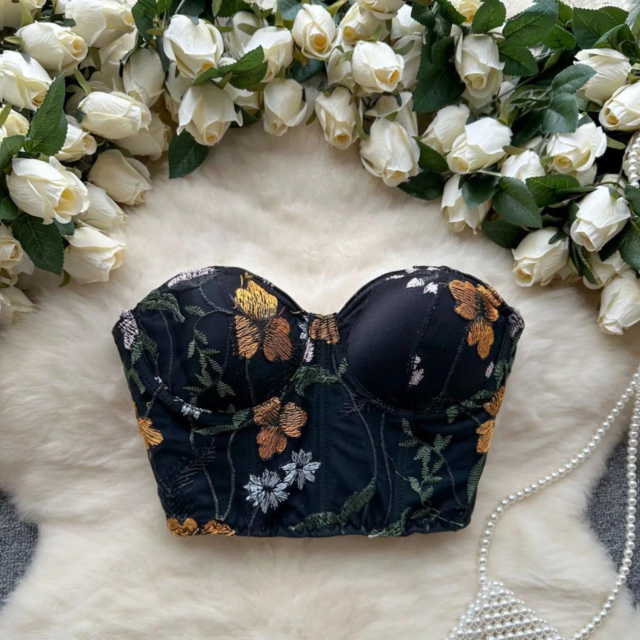 Floral Embroidered Strapless Bustier Top Womens Fashion