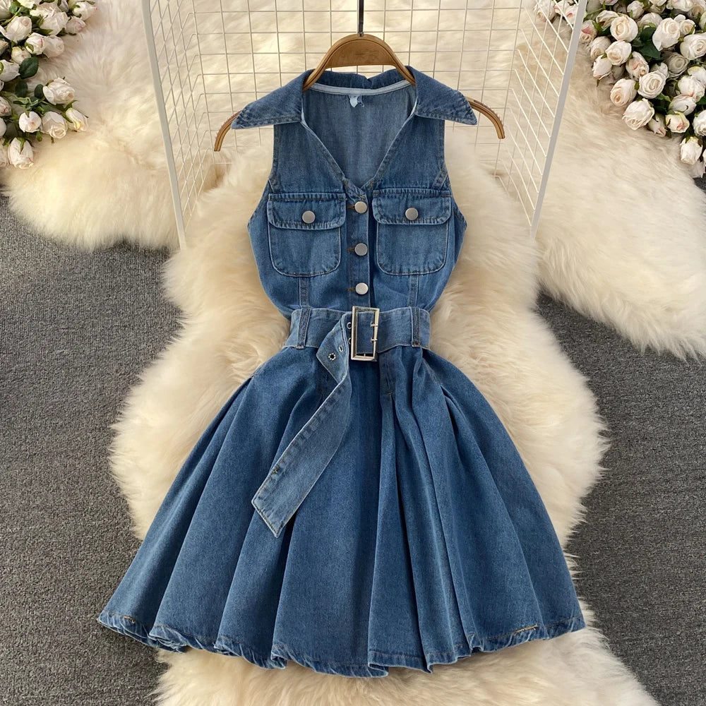 white christmas dresses Sleeveless Collared Denim Dress M / 9E701-D9GF 25d main image 0