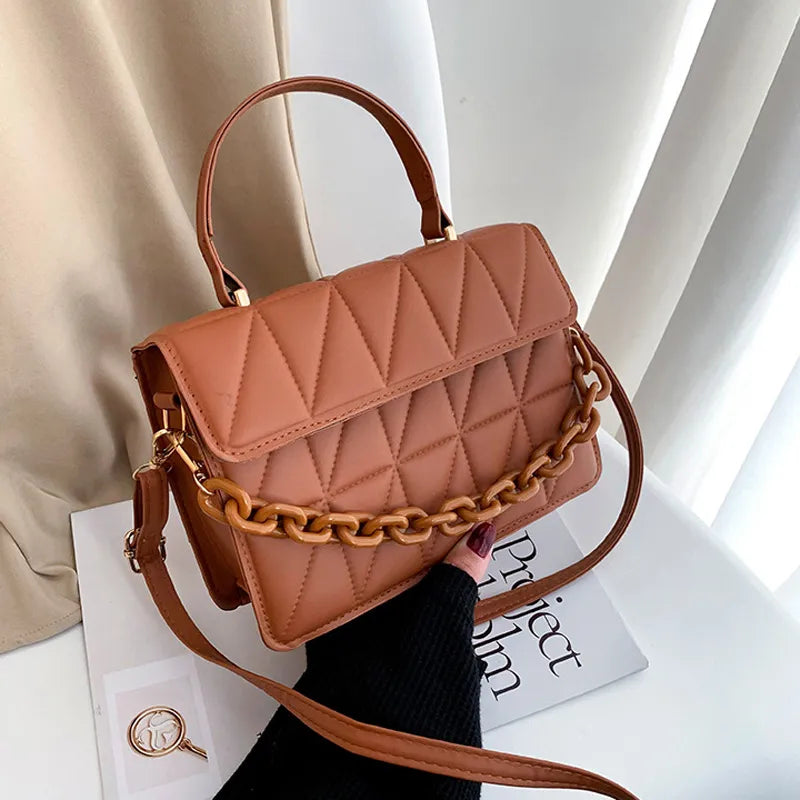 Elegant Quilted Tan Shoulder Bag With Chain Accent