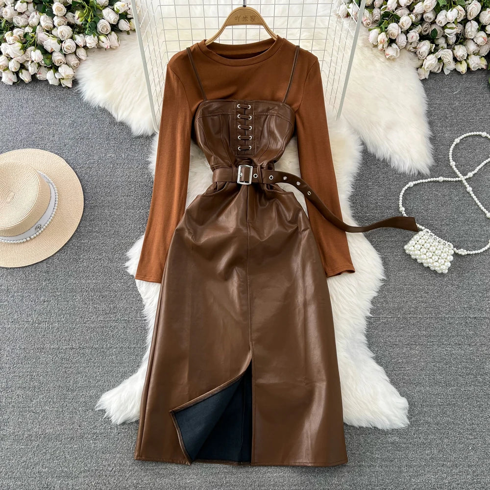 knee length dresses for ladies Mabel Belted Leather Midi Dress in Chocolate S main image 0