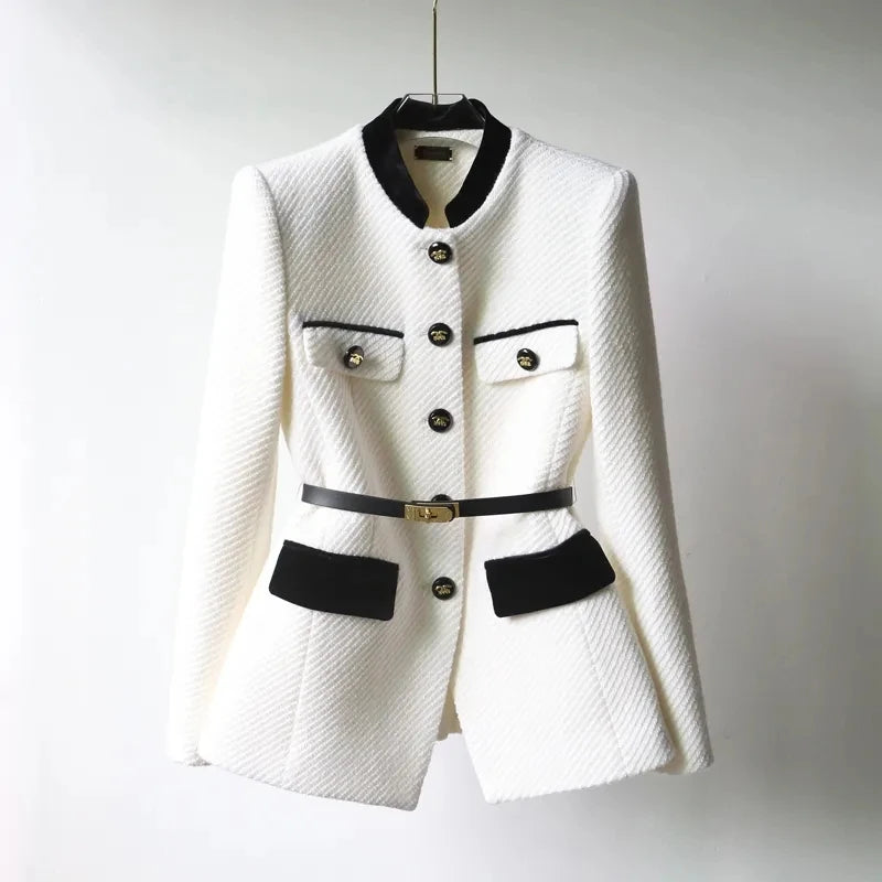 Elegant Textured White Blazer With Contrasting Black Trim