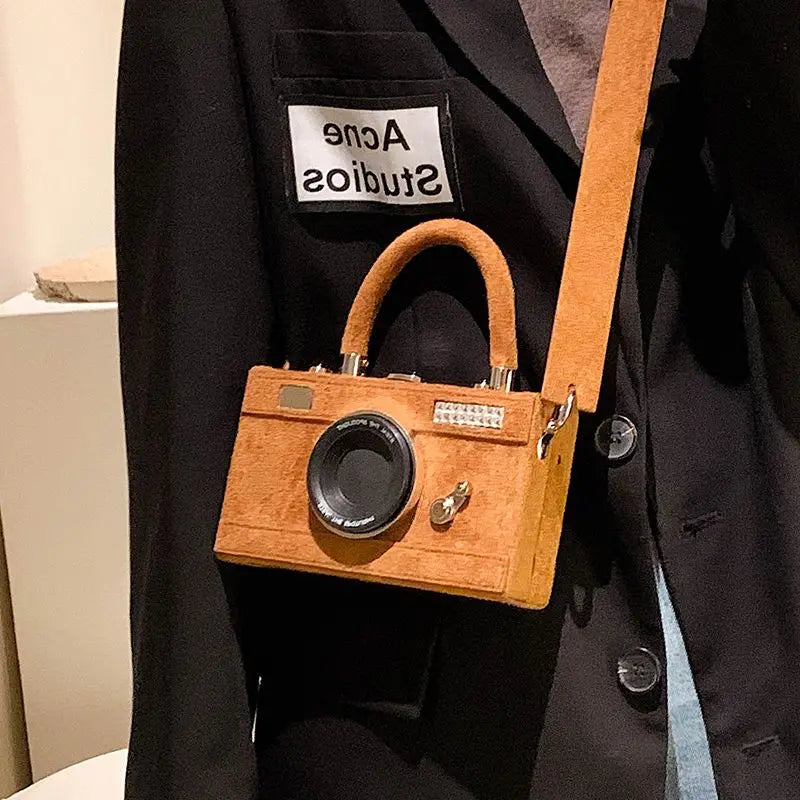 Vintage Camera Design Wooden Miniature Crossbody Bag