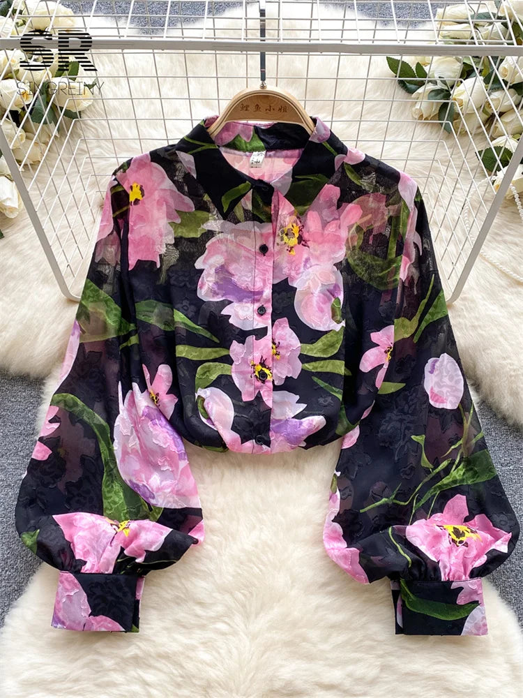 Womens Floral Print Chiffon Blouse Long Sleeve Top