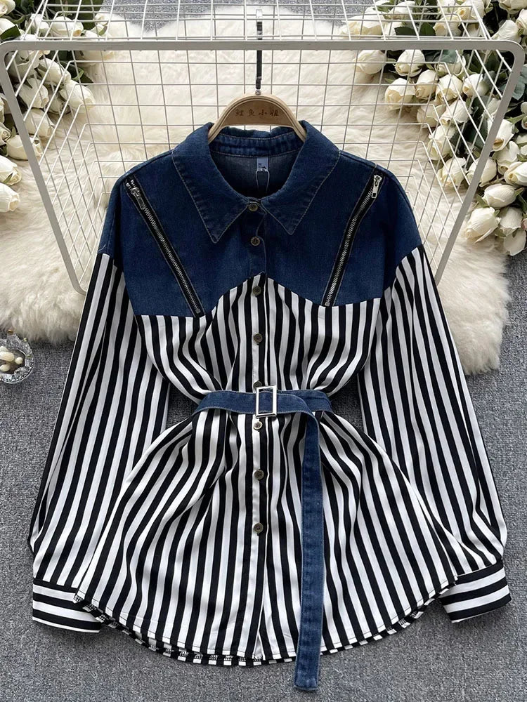 Womens Striped Belted Shirt With Denim Collar Detail